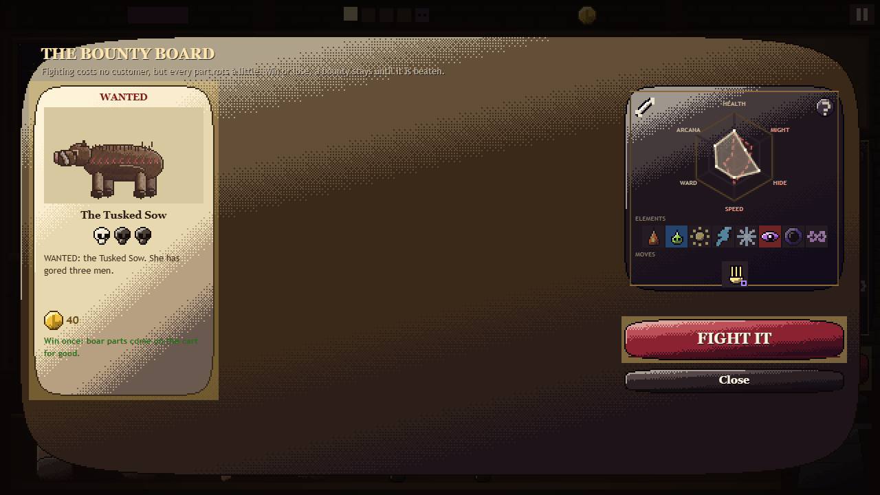 The Bounty Board, with the combat card against the Tusked Sow