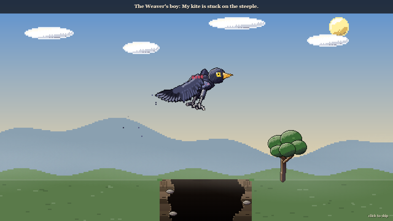 A creature with grafted crow wings flying a chasm