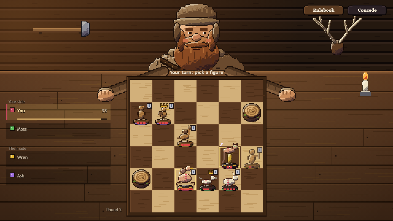 A two-on-two game at the Hunter's table, partners on the left