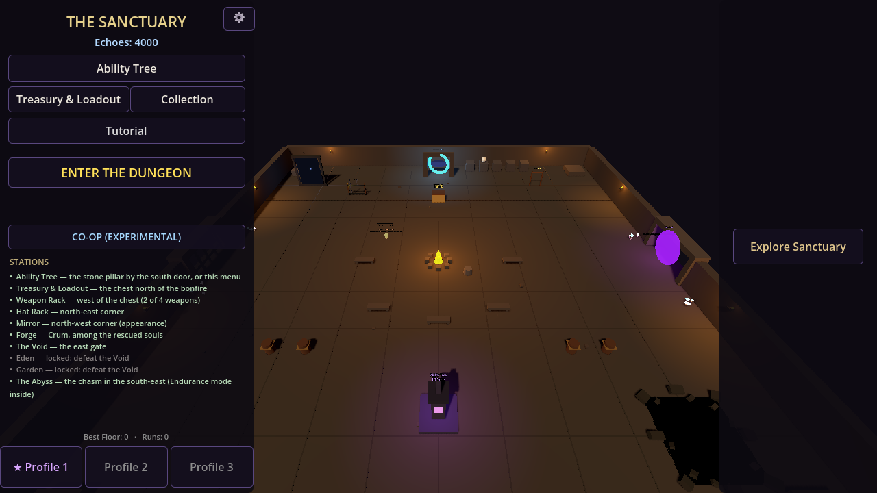 The Sanctuary hub between runs: ability tree, treasury, collection and the way into the dungeon
