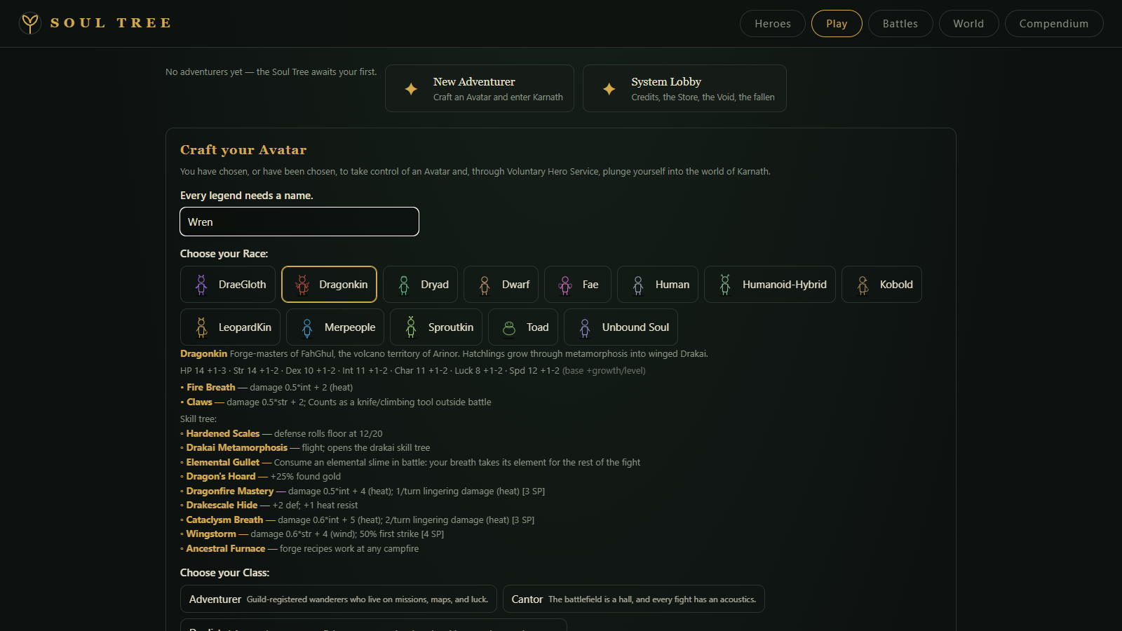 Crafting an avatar: name, race and class