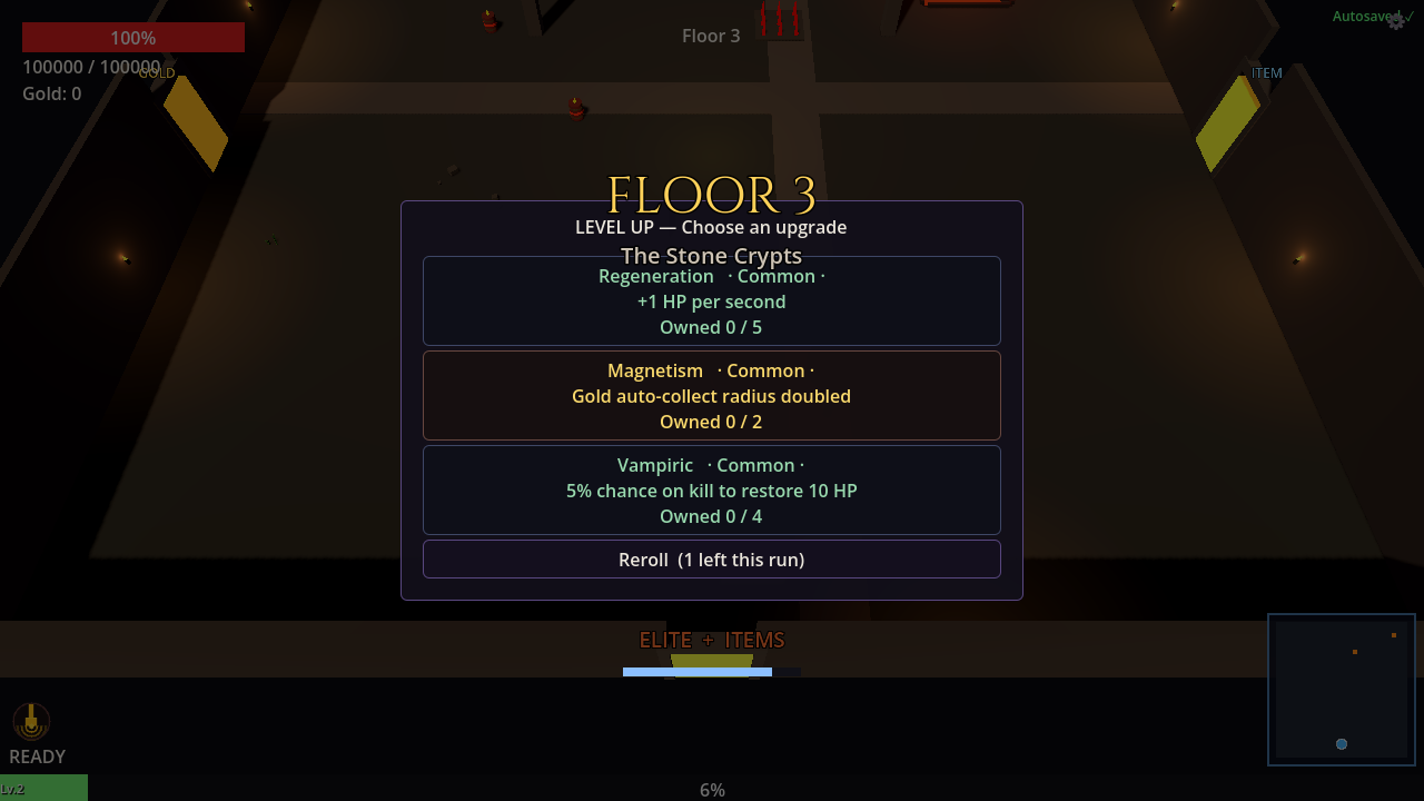 Levelling up on a floor: choose one of three upgrades