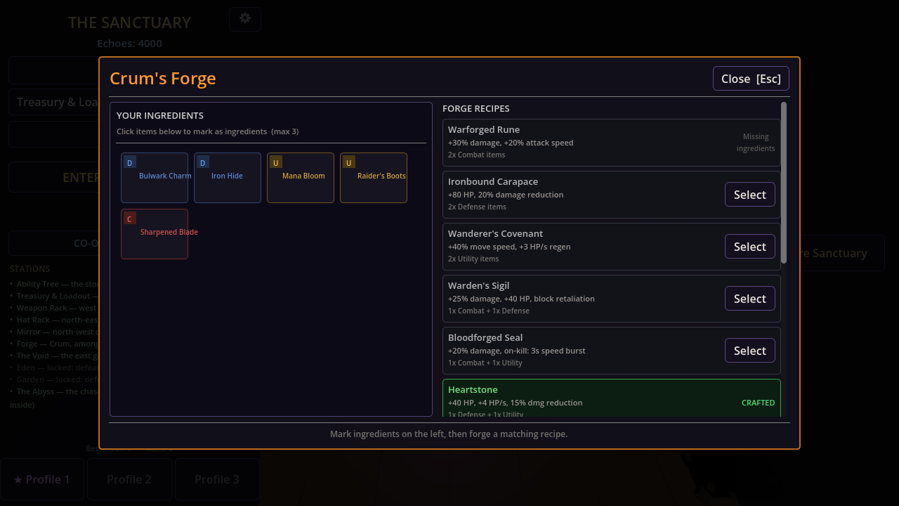 Crum's Forge: recipes for weapons from the ingredients you bring back